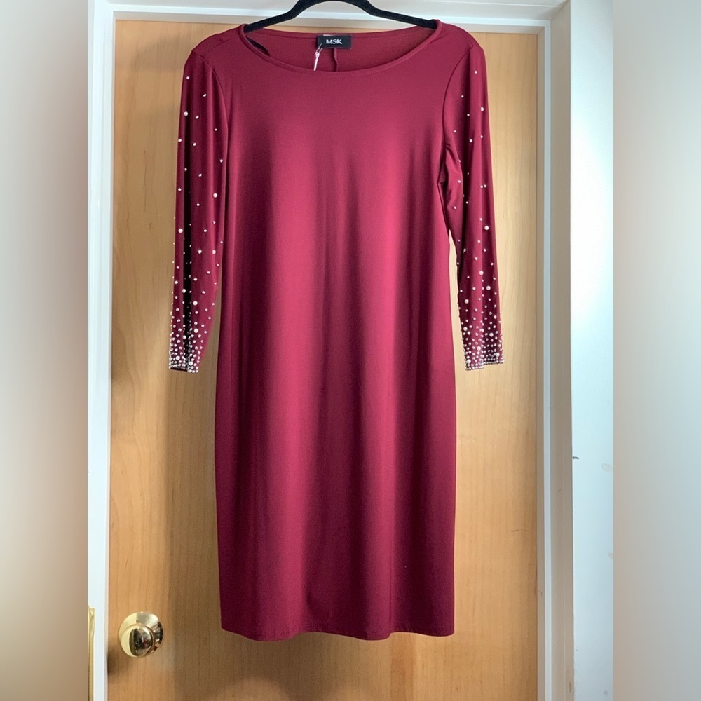 MSK Elegant Burgundy Dress with Pearl Accent Sleeves. Size-Small